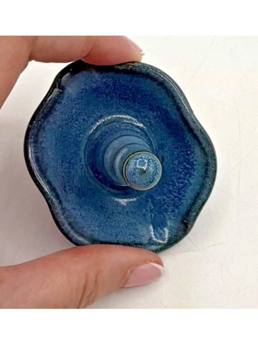 Vintage Studio Pottery Ring Holder Dish Blue Gray Glazed Ruffled Edge Signed